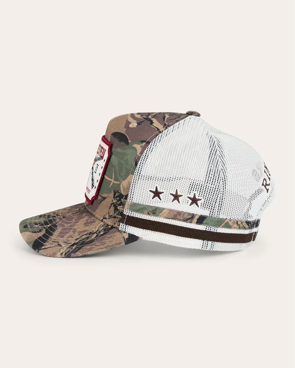 Ringers Western: "Big Buck" Deep Fit Trucker Cap in Camo with a western patch and embroidery on the front - Texas Western New Zealand
