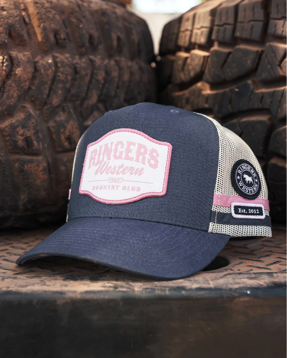 Ringers Western: "Country Club: Trucker Cap in Denim and Pink with "country club" embroidery - Texas Western New Zealand