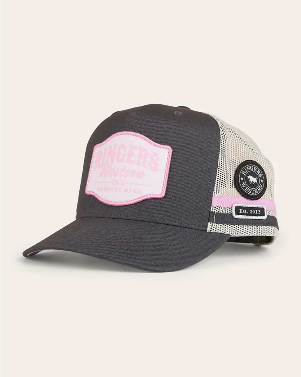 Ringers Western: "Country Club: Trucker Cap in Denim and Pink with "country club" embroidery - Texas Western New Zealand