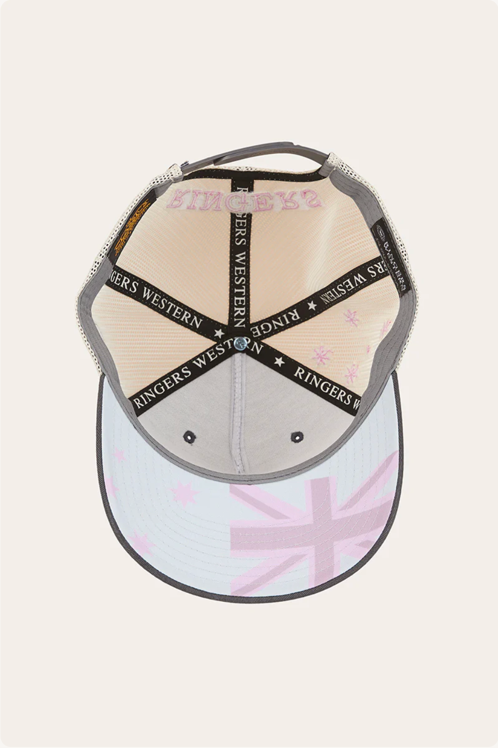 Ringers Western: "Country Club: Trucker Cap in Denim and Pink with "country club" embroidery - Texas Western New Zealand