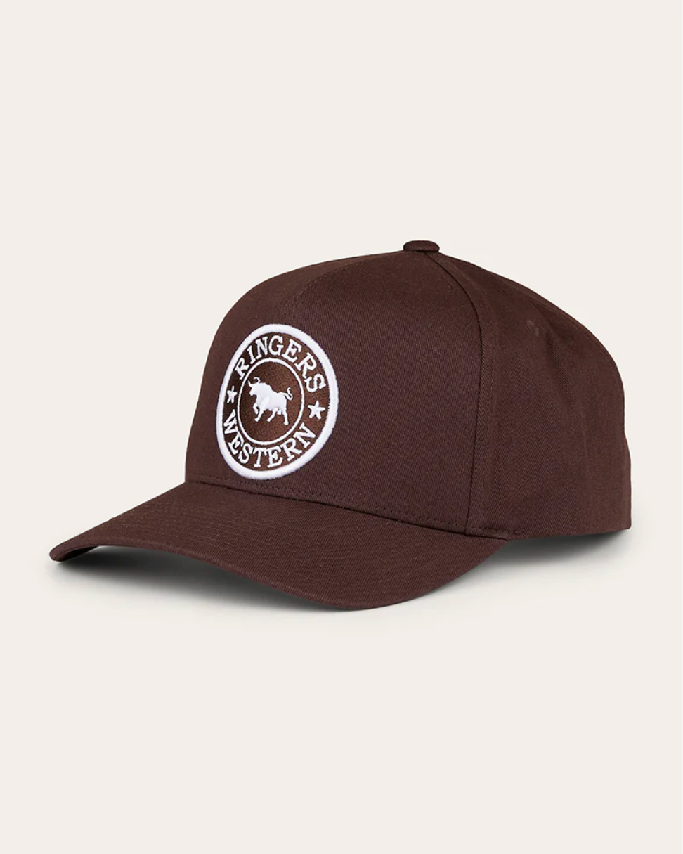 Ringers Western: Baseball Cap in the colour Chocolate with white Embroidery of the signature bull logo - Texas Western New Zealand 