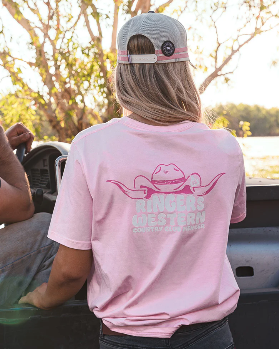 Ringers Western: Woman's 100% Cotton "Country Club" Tee in pink with a western Graphic on the back in pink and white - Texas Western New Zealand