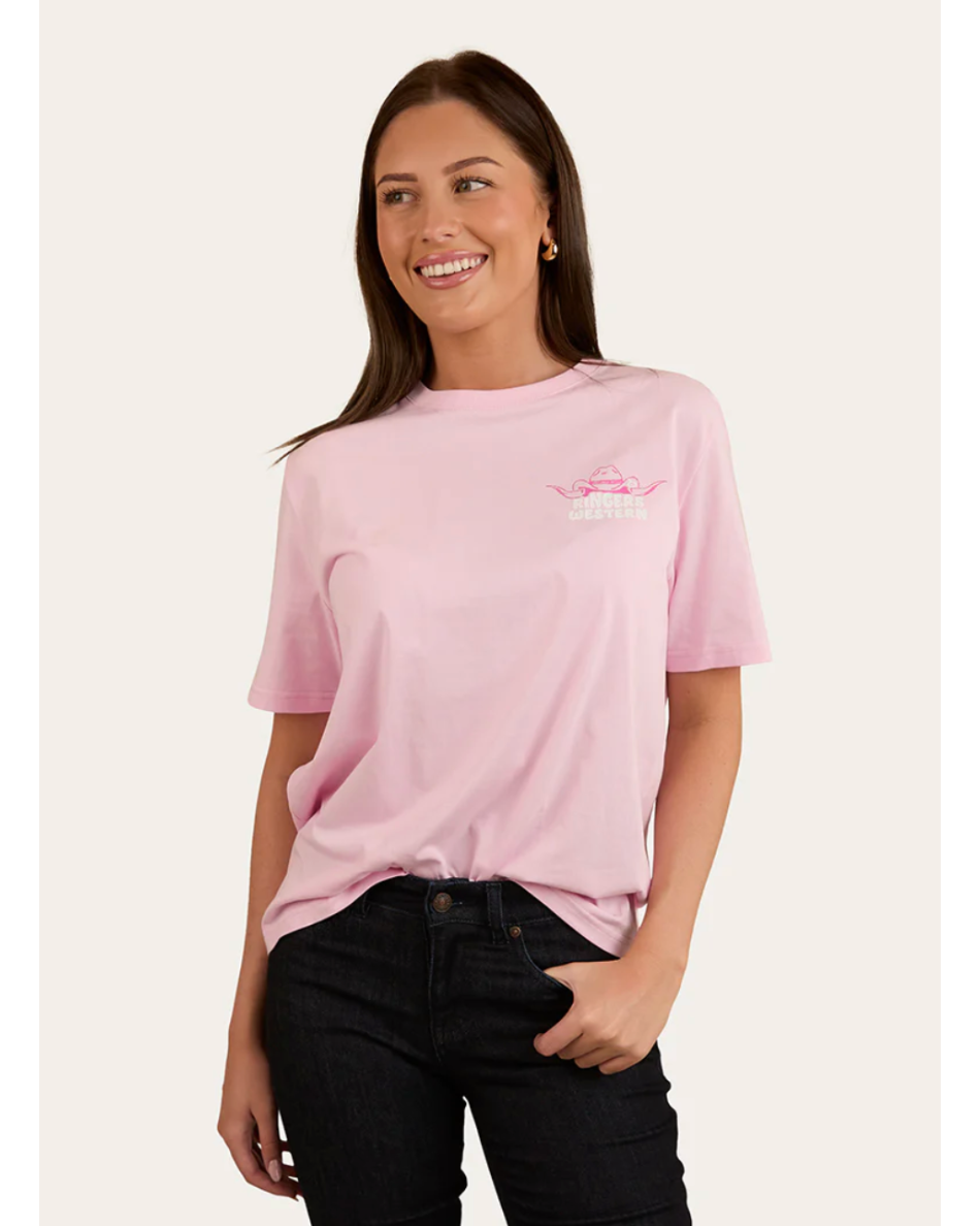 Ringers Western: Woman's 100% Cotton "Country Club" Tee in pink with a western Graphic on the back in pink and white - Texas Western New Zealand