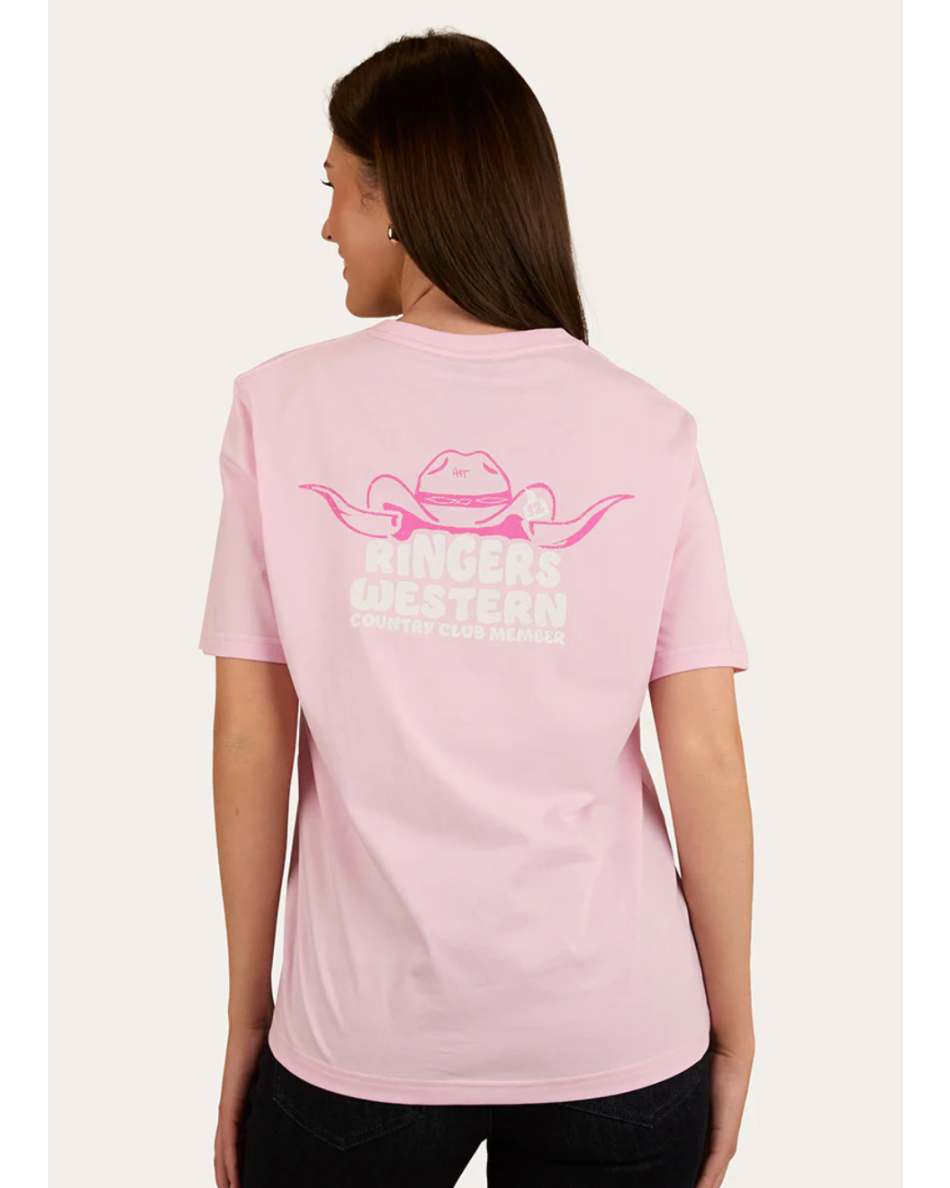 Ringers Western: Woman's 100% Cotton "Country Club" Tee in pink with a western Graphic on the back in pink and white - Texas Western New Zealand