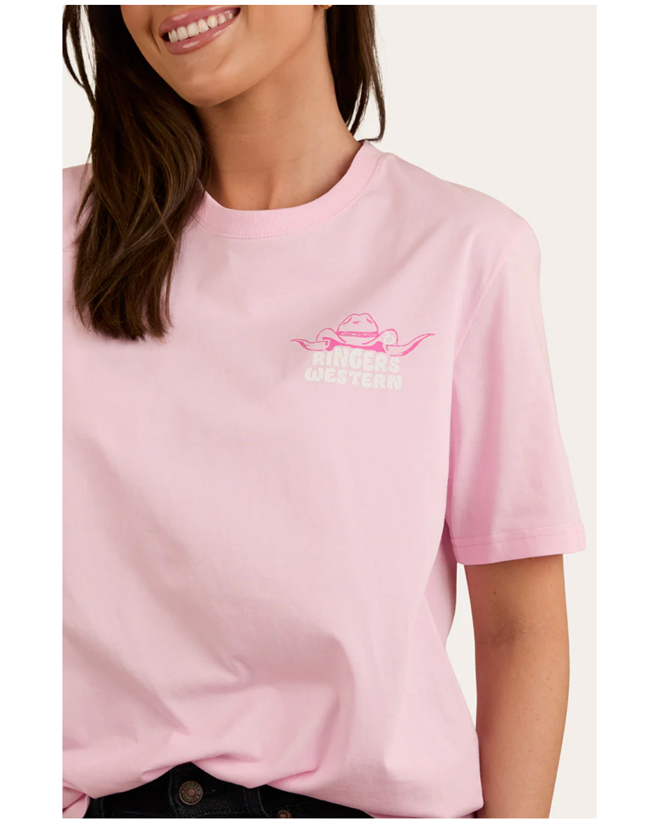 Ringers Western: Woman's 100% Cotton "Country Club" Tee in pink with a western Graphic on the back in pink and white - Texas Western New Zealand