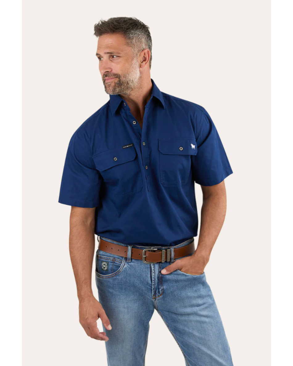 Ringers Western: Mens "Pack Saddle" Short Sleeve Work Shirt in Navy - Texas Western New Zealand