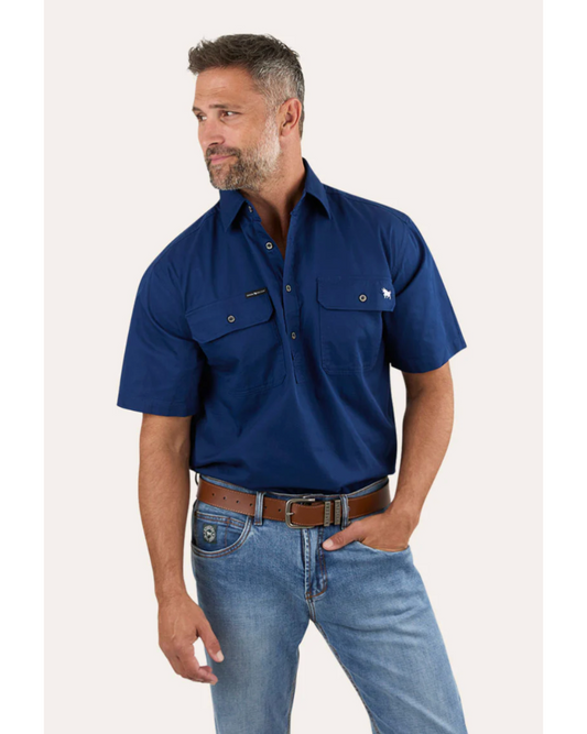 Ringers Western: Mens "Pack Saddle" Short Sleeve Work Shirt in Navy - Texas Western New Zealand