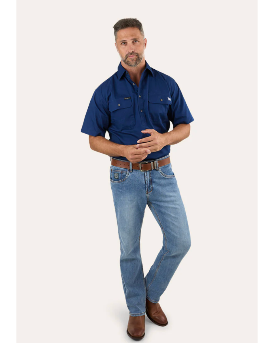 Ringers Western: Mens "Pack Saddle" Short Sleeve Work Shirt in Navy - Texas Western New Zealand