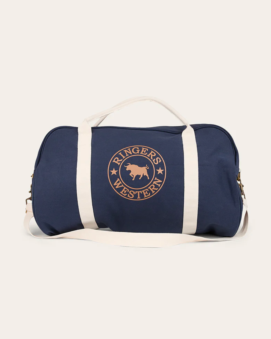 Ringers Western: "Gundagai" 50 litre 100% Cotton Canvas Duffle Bag in Navy and White featuring the Ringers Western Logo on the Front in Rose Gold - Texas Western New Zealand