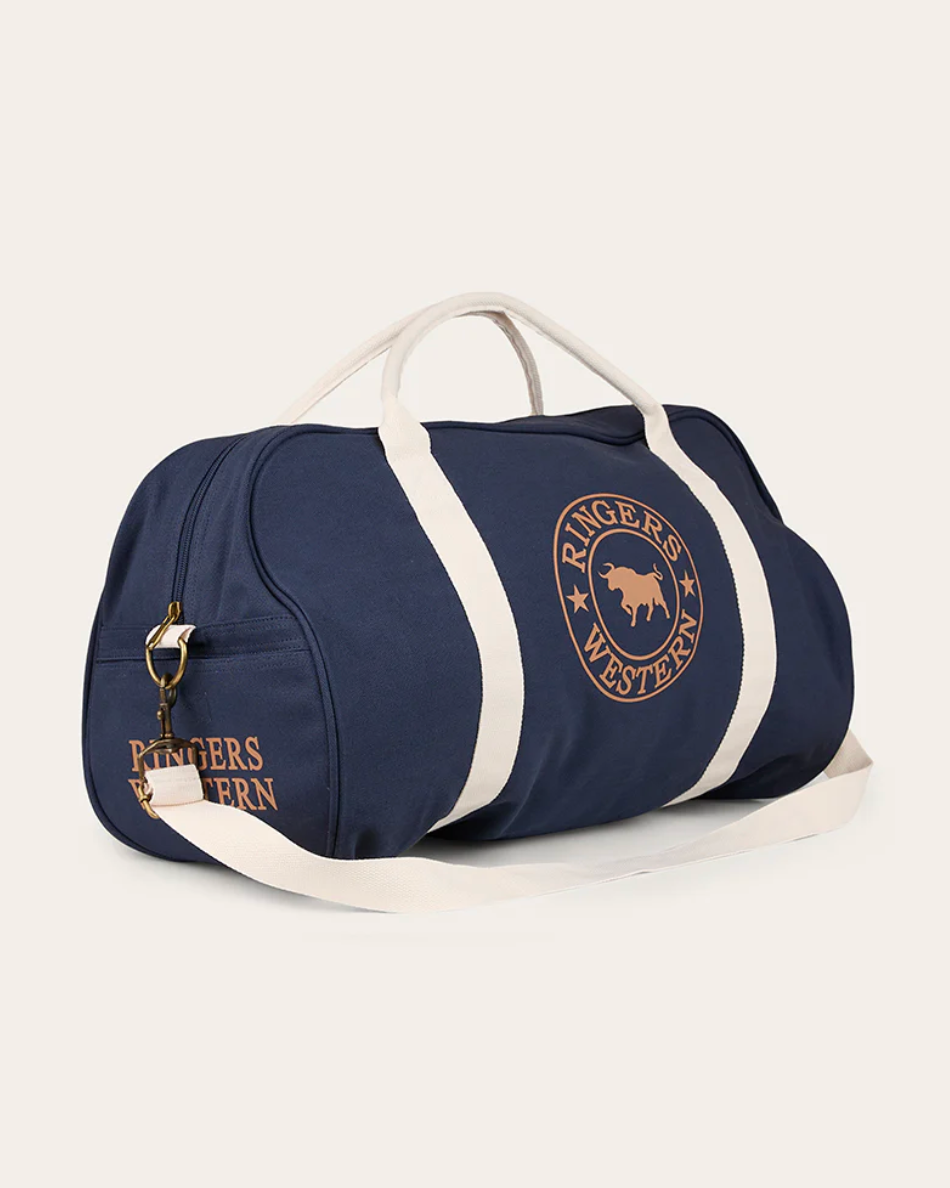 Ringers Western: "Gundagai" 50 litre 100% Cotton Canvas Duffle Bag in Navy and White featuring the Ringers Western Logo on the Front in Rose Gold - Texas Western New Zealand