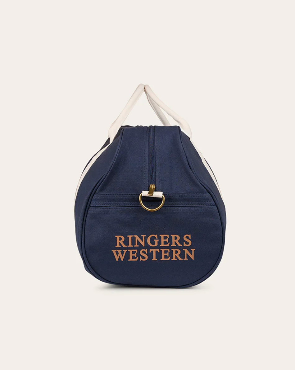 Ringers Western: "Gundagai" 50 litre 100% Cotton Canvas Duffle Bag in Navy and White featuring the Ringers Western Logo on the Front in Rose Gold - Texas Western New Zealand