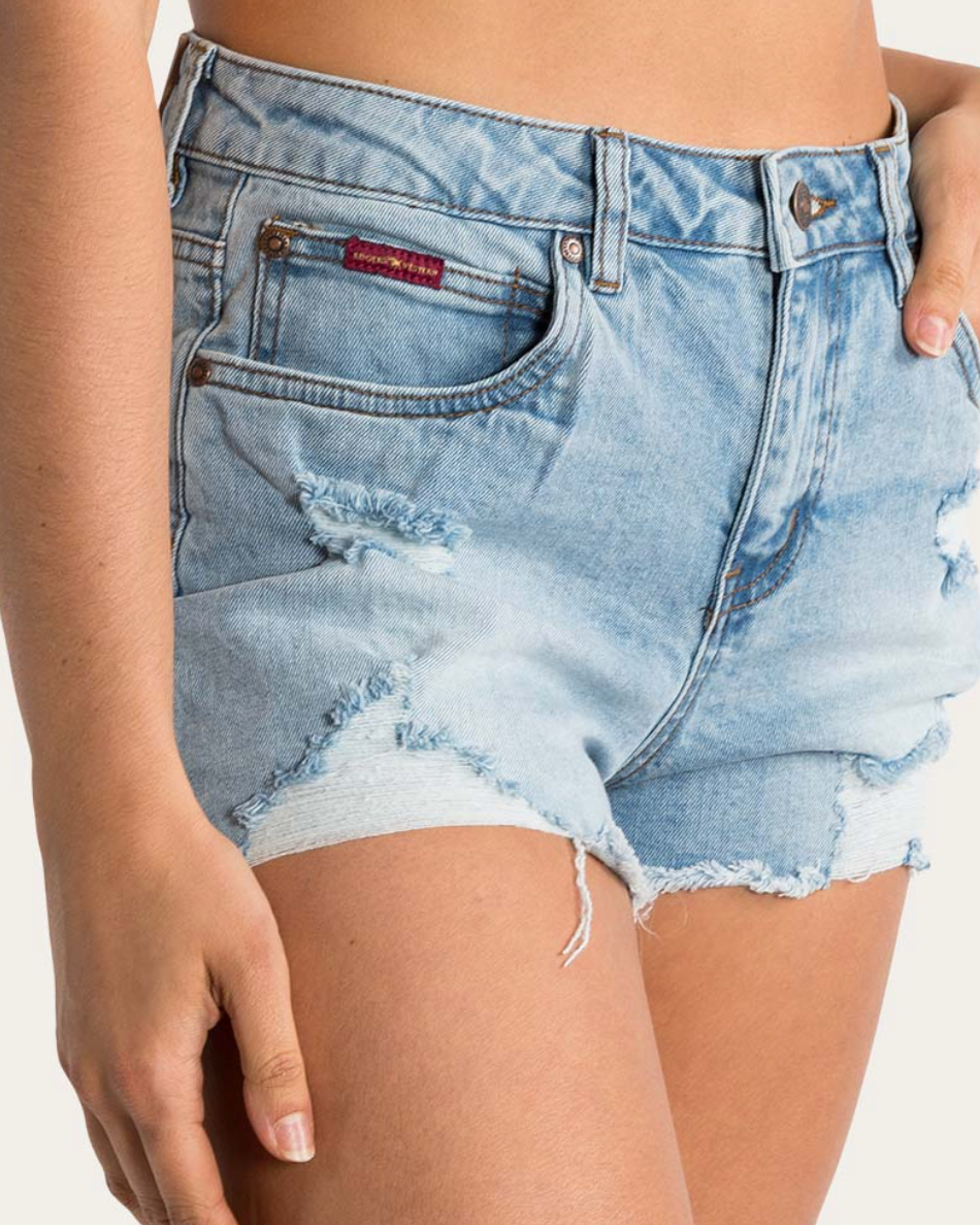 Ringers Western:  "Jessie" Women's Cotton Mid-Rise Ripped Denim Shorts in Vintage Light Blue - Texas Western New Zealand 