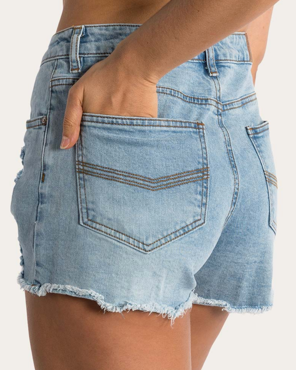 Ringers Western:  "Jessie" Women's Cotton Mid-Rise Ripped Denim Shorts in Vintage Light Blue - Texas Western New Zealand 