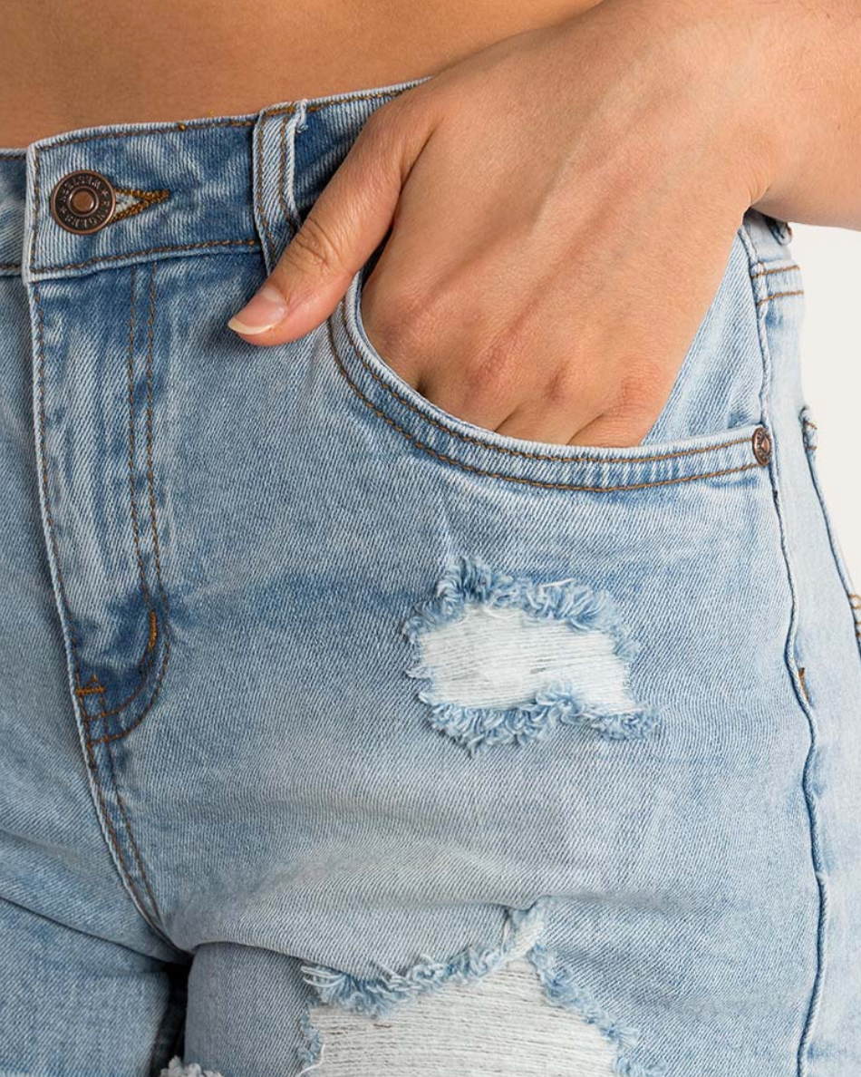 Ringers Western:  "Jessie" Women's Cotton Mid-Rise Ripped Denim Shorts in Vintage Light Blue - Texas Western New Zealand 