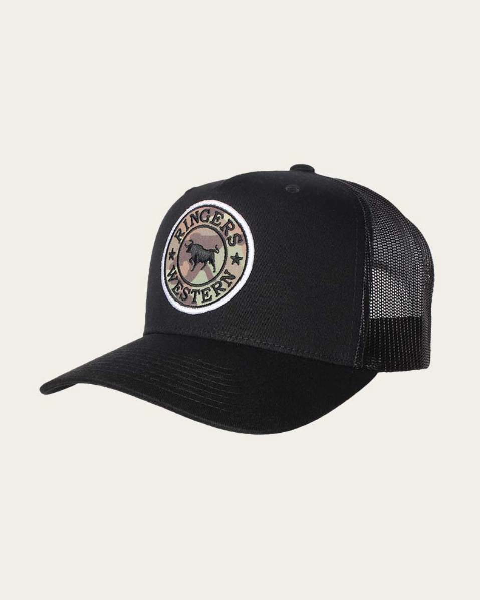 Ringers Western: Signature Bull Trucker in Black and Camo - Texas Western Apparel New Zealand