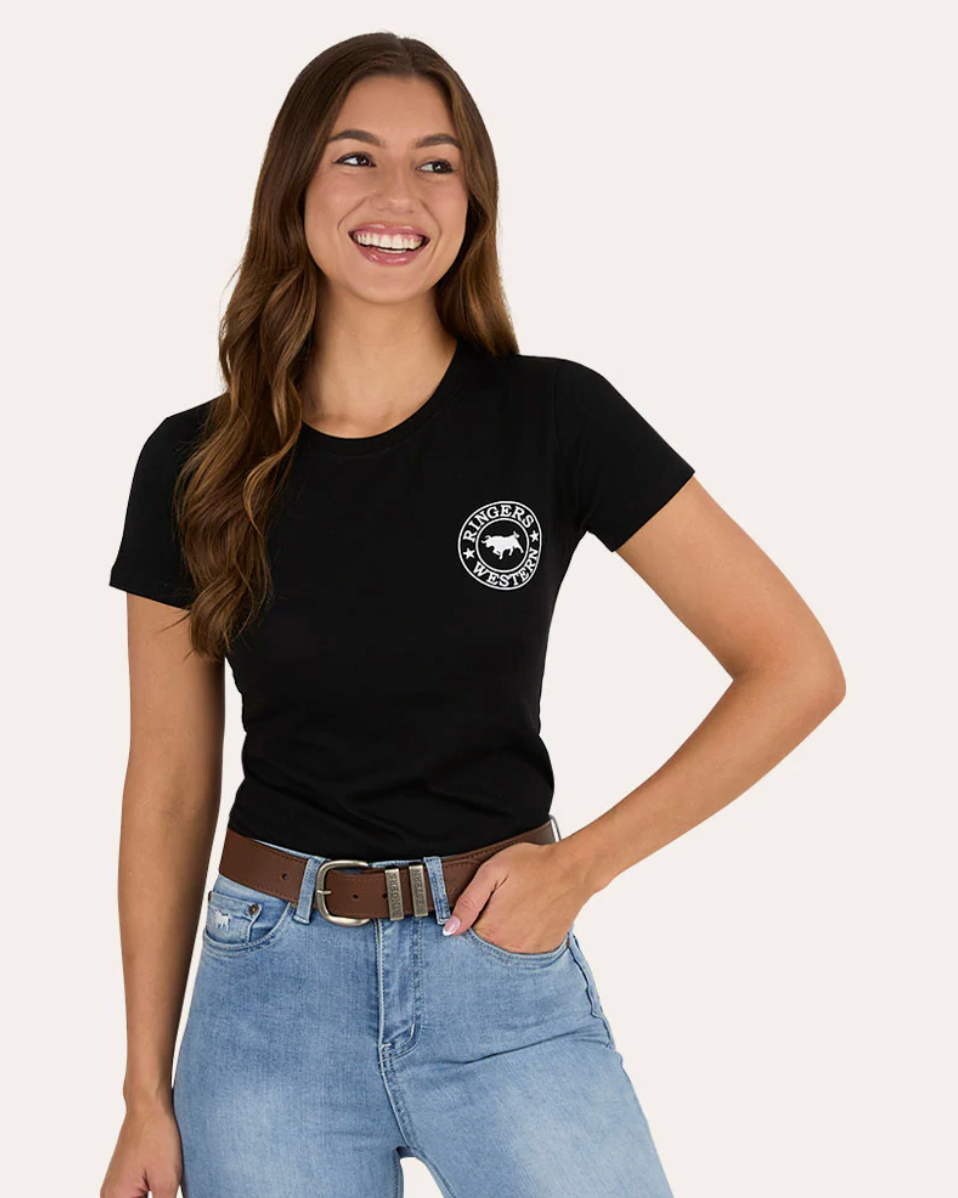 Ringers Western: Woman's 100% Good Earth Cotton Signature Bull Tee in Black and White - Texas Western New Zealand