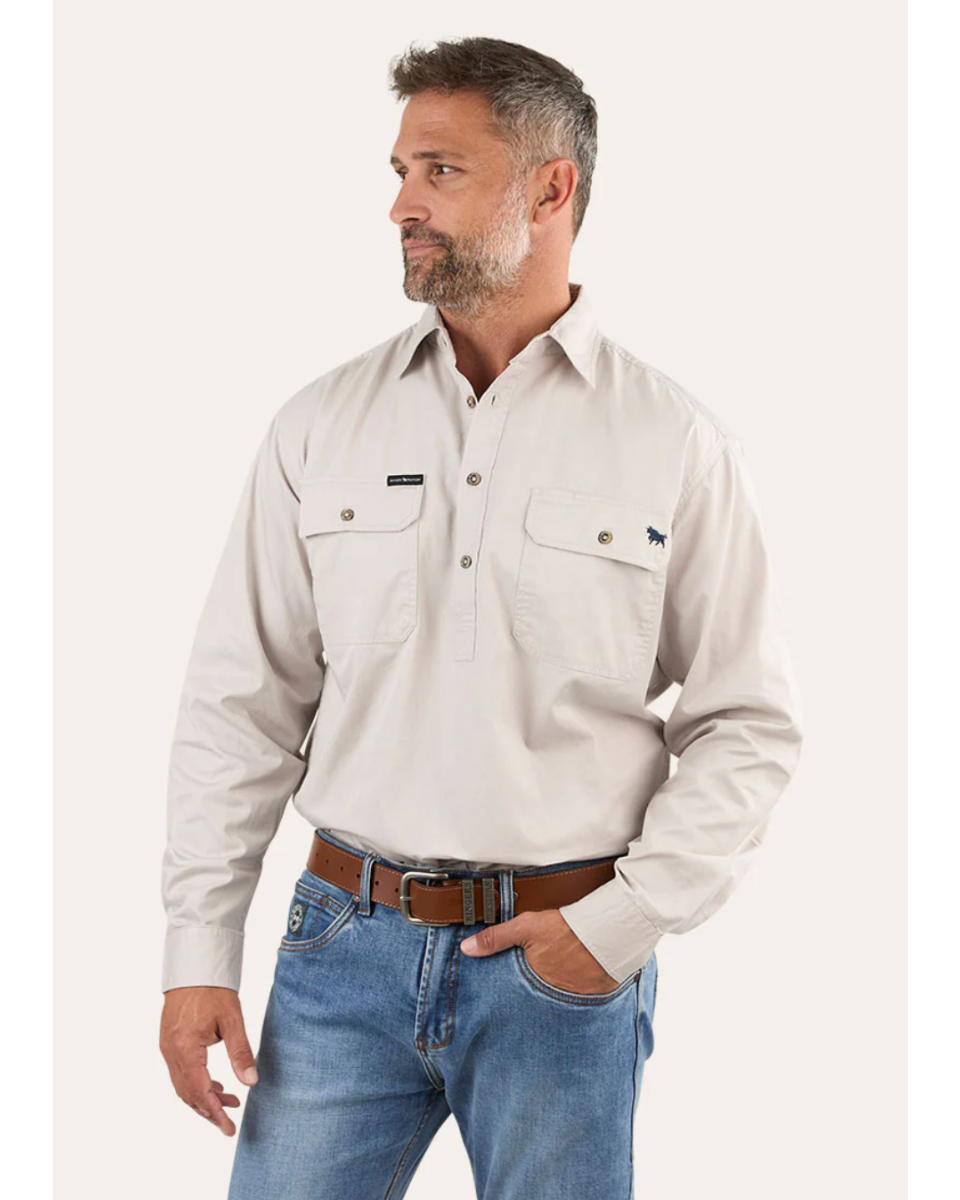 Ringers Western: Mens 100% Cotton half button Work Shirt, in the colour sand/beige - Texas Western New Zealand