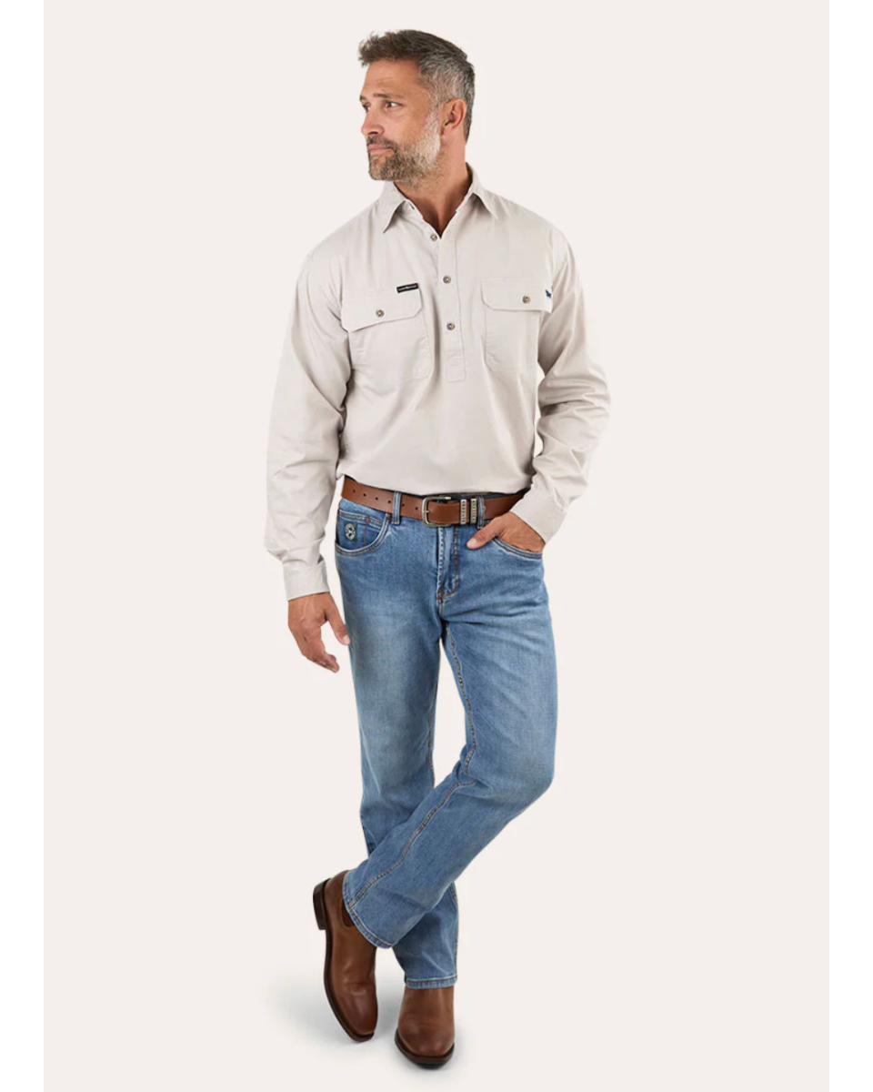 Ringers Western: Mens 100% Cotton half button Work Shirt, in the colour sand/beige - Texas Western New Zealand