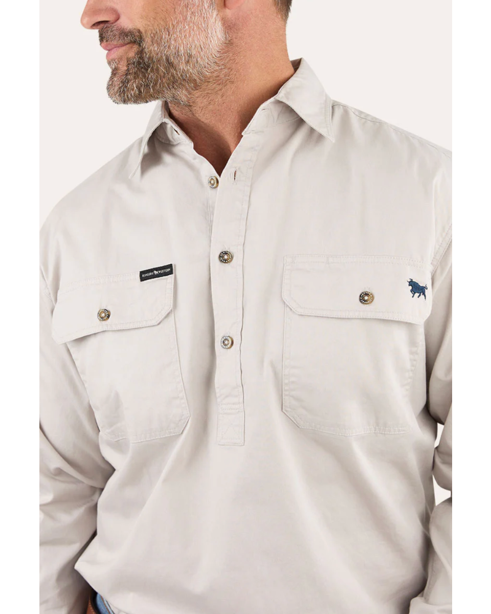 Ringers Western: Mens 100% Cotton half button Work Shirt, in the colour sand/beige - Texas Western New Zealand