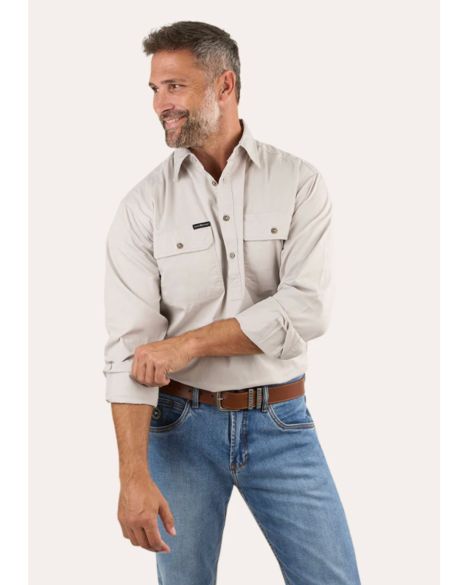 Ringers Western: Mens 100% Cotton half button Work Shirt, in the colour sand/beige - Texas Western New Zealand