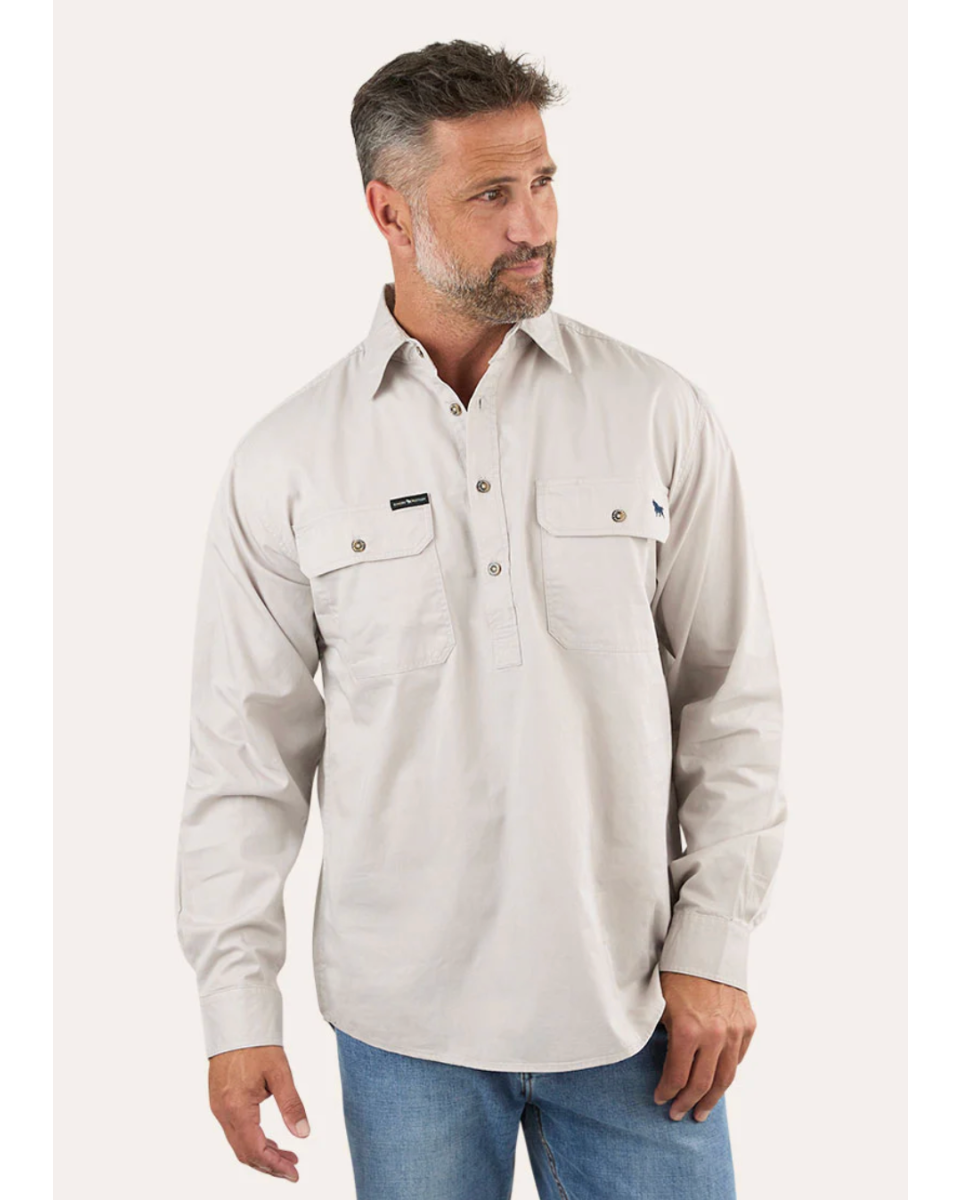 Ringers Western: Mens 100% Cotton half button Work Shirt, in the colour sand/beige - Texas Western New Zealand
