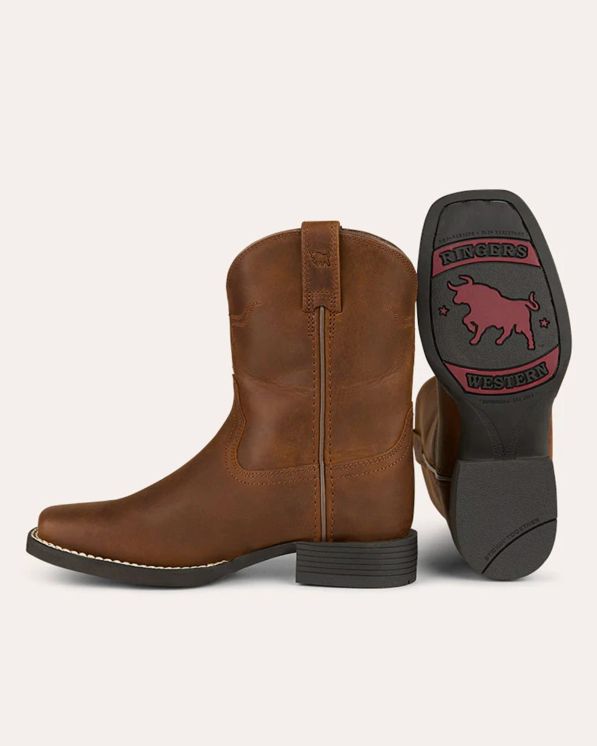 Ringers Western: Kids/Youth Leather Square Toe Roper Cowboy Boot in the colour Brown with a rubber sole - Texas Western New Zealand