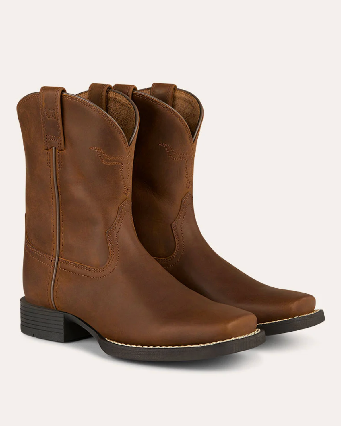 Ringers Western: Kids/Youth Leather Square Toe Roper Cowboy Boot in the colour Brown with a rubber sole - Texas Western New Zealand