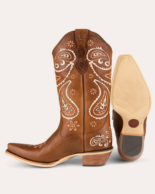Ringers Western: Womans Snip Toe "1772" Cowboy Boots with a Cuban Heel in Brown with cream decretive stitching - Texas Western New Zealand
