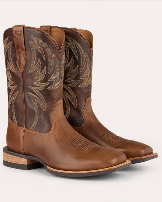 Ringers Western: Mens "Longreach" Square Toe Leather Cowboy Boots in Brown/Mocha with Western Stitching and Rubber Soles - Texas Western New Zealand