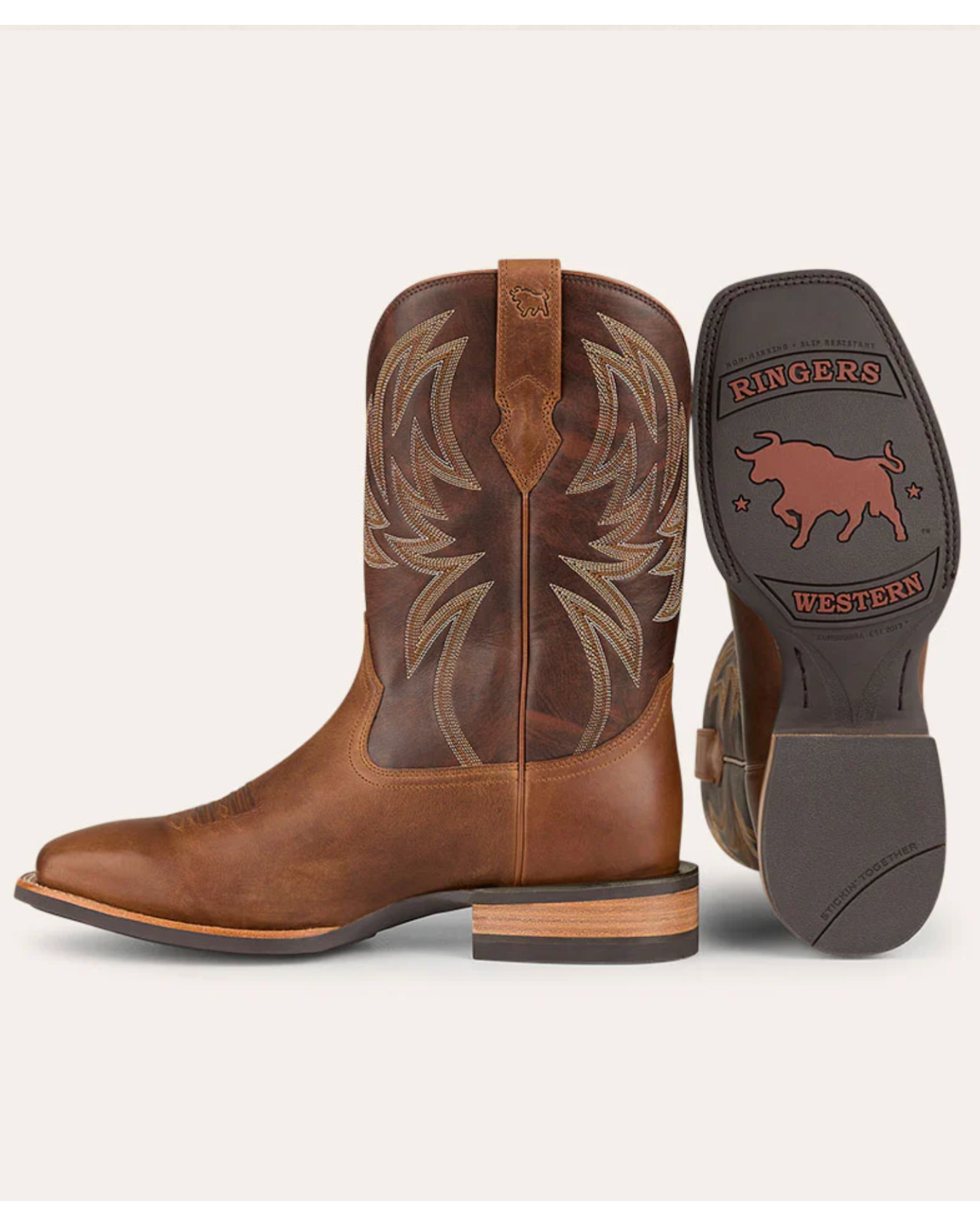 Ringers Western: Mens "Longreach" Square Toe Leather Cowboy Boots in Brown/Mocha with Western Stitching and Rubber Soles - Texas Western New Zealand