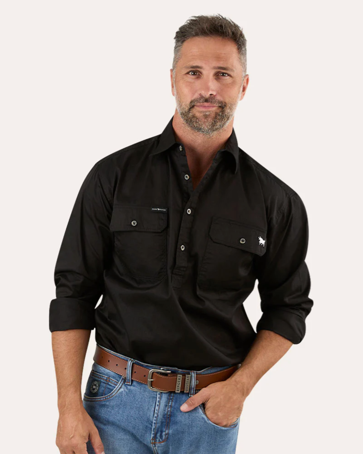 Ringers Western: "King River" Mens 100% Cotton Half Button Work Shirt in Black - Texas Western New Zealand 