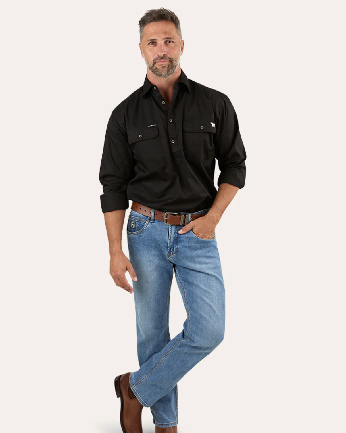 Ringers Western: "King River" Mens 100% Cotton Half Button Work Shirt in Black - Texas Western New Zealand 