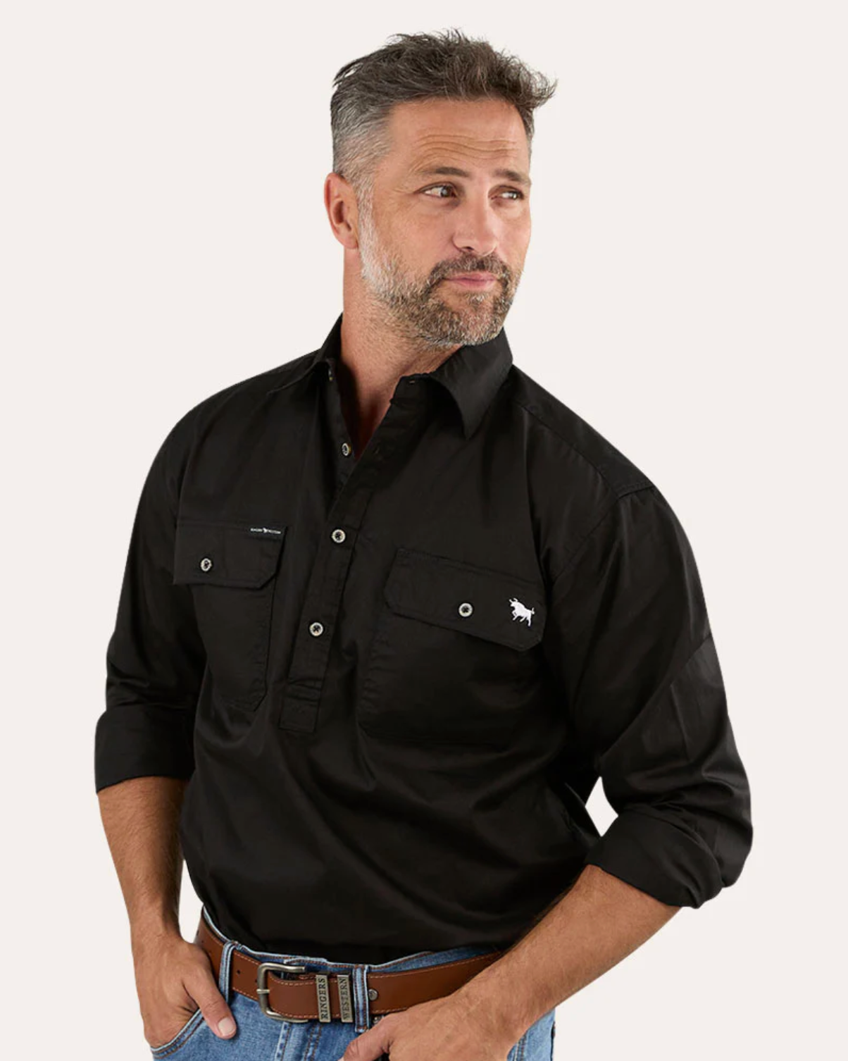 Ringers Western: "King River" Mens 100% Cotton Half Button Work Shirt in Black - Texas Western New Zealand 