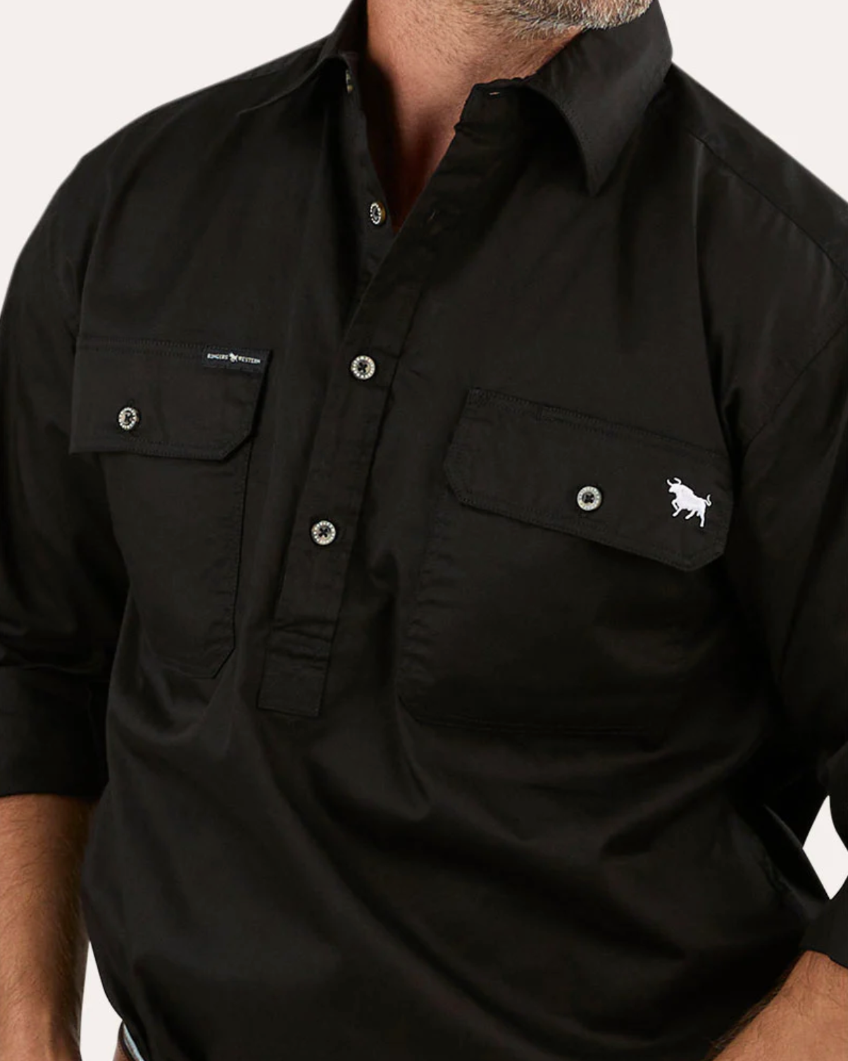 Ringers Western: "King River" Mens 100% Cotton Half Button Work Shirt in Black - Texas Western New Zealand 
