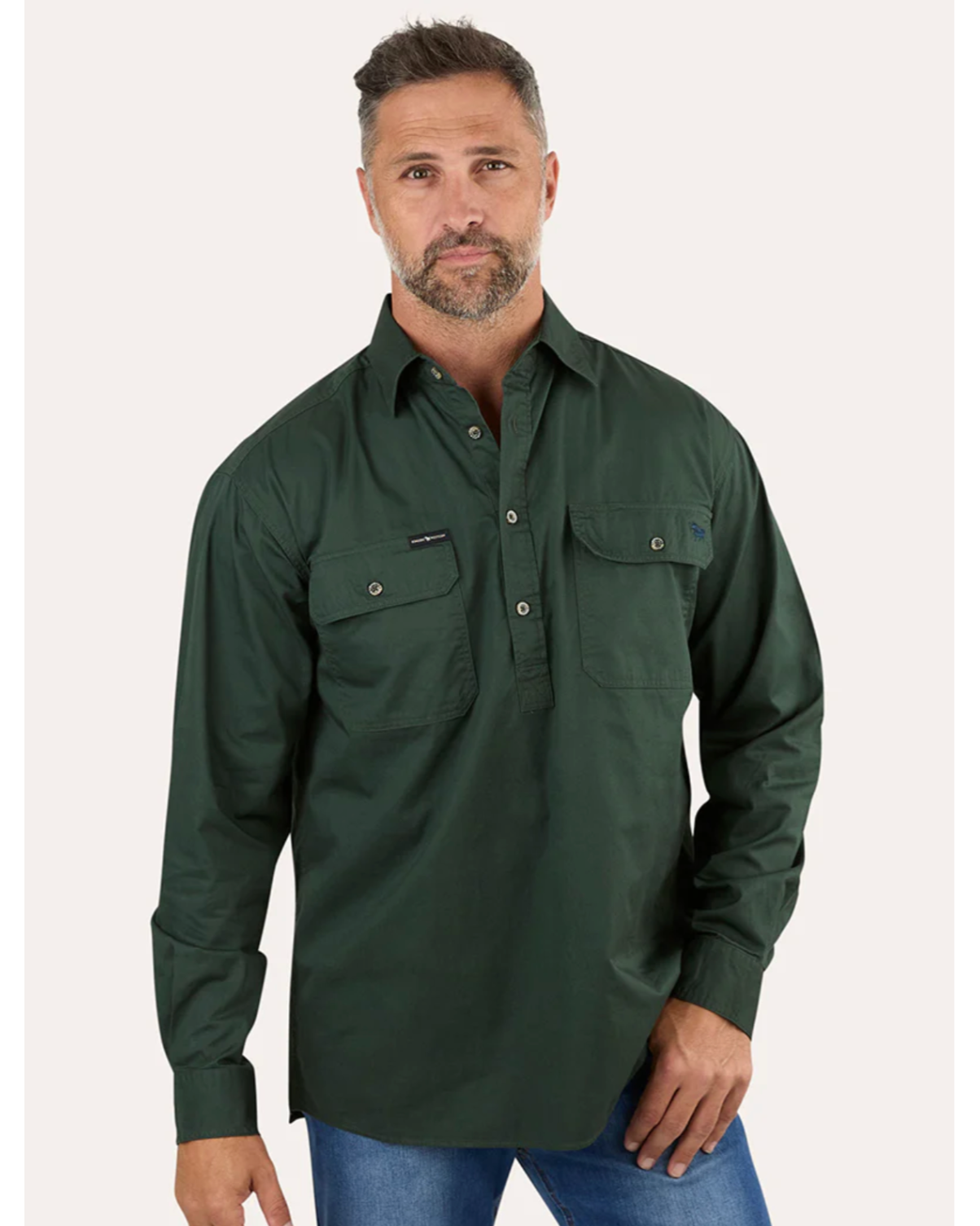 Ringers Western: Mens "King River" 100% Cotton Half Button Work Shirt in Dark Green - Texas Western New Zealand