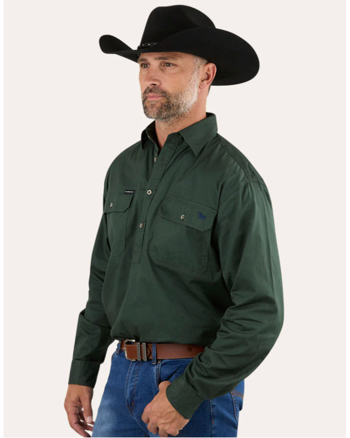 Ringers Western: Mens "King River" 100% Cotton Half Button Work Shirt in Dark Green - Texas Western New Zealand