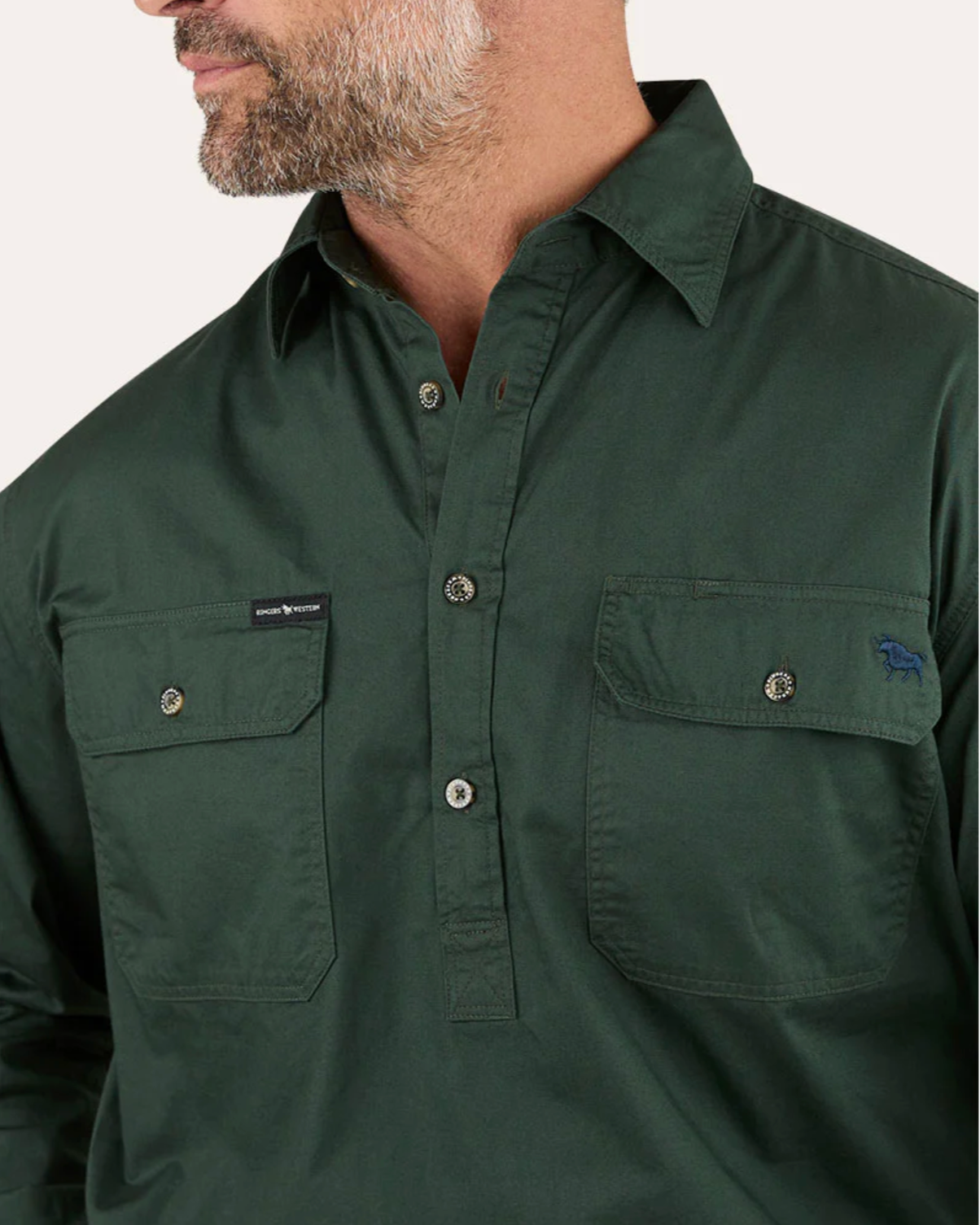 Ringers Western: Mens "King River" 100% Cotton Half Button Work Shirt in Dark Green - Texas Western New Zealand