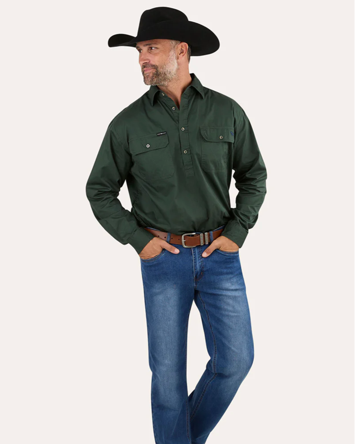 Ringers Western: Mens "King River" 100% Cotton Half Button Work Shirt in Dark Green - Texas Western New Zealand