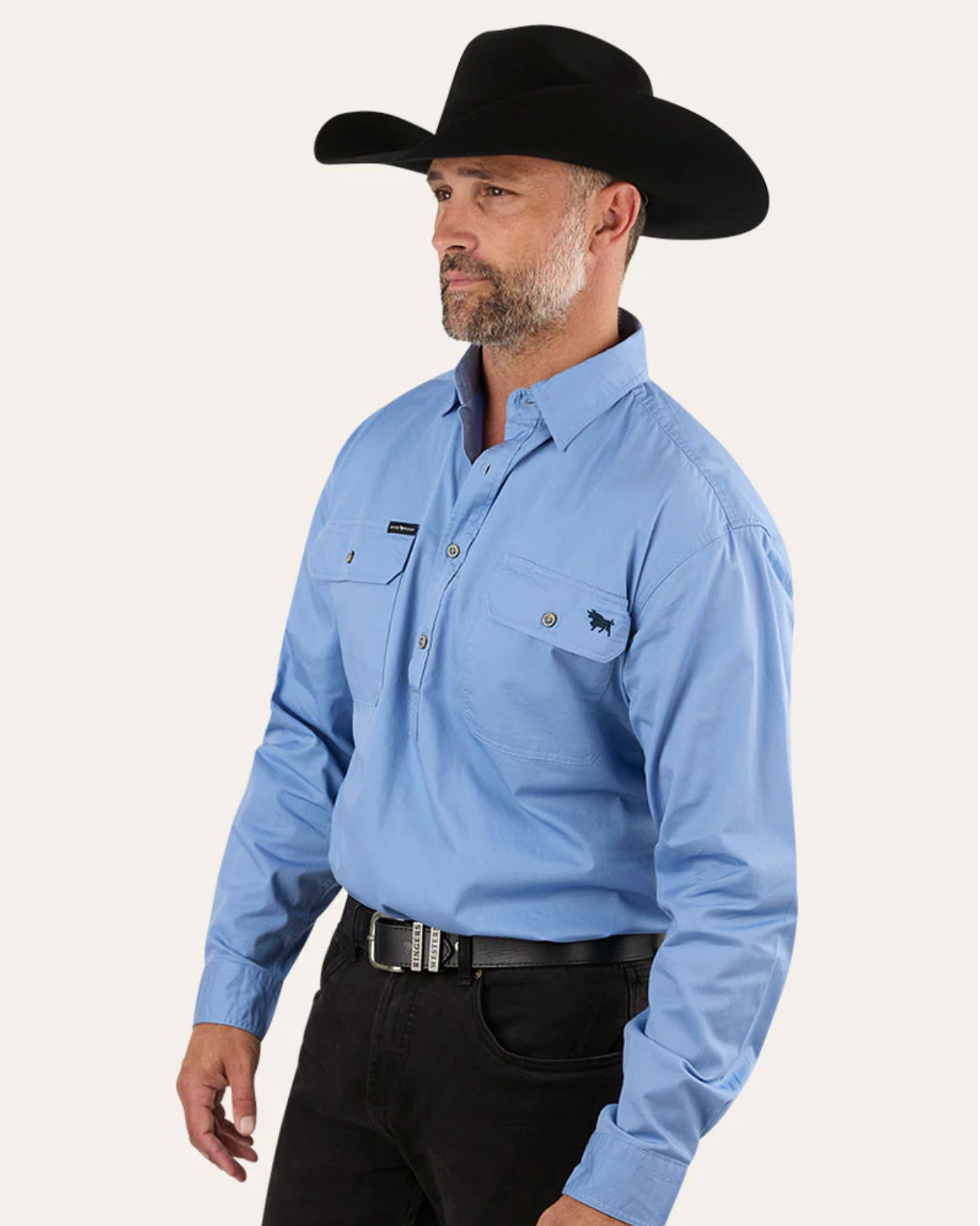 Ringers Western: "King River" Mens 100% Cotton Half Button Work Shirt in Denim Blue - Texas Western New Zealand