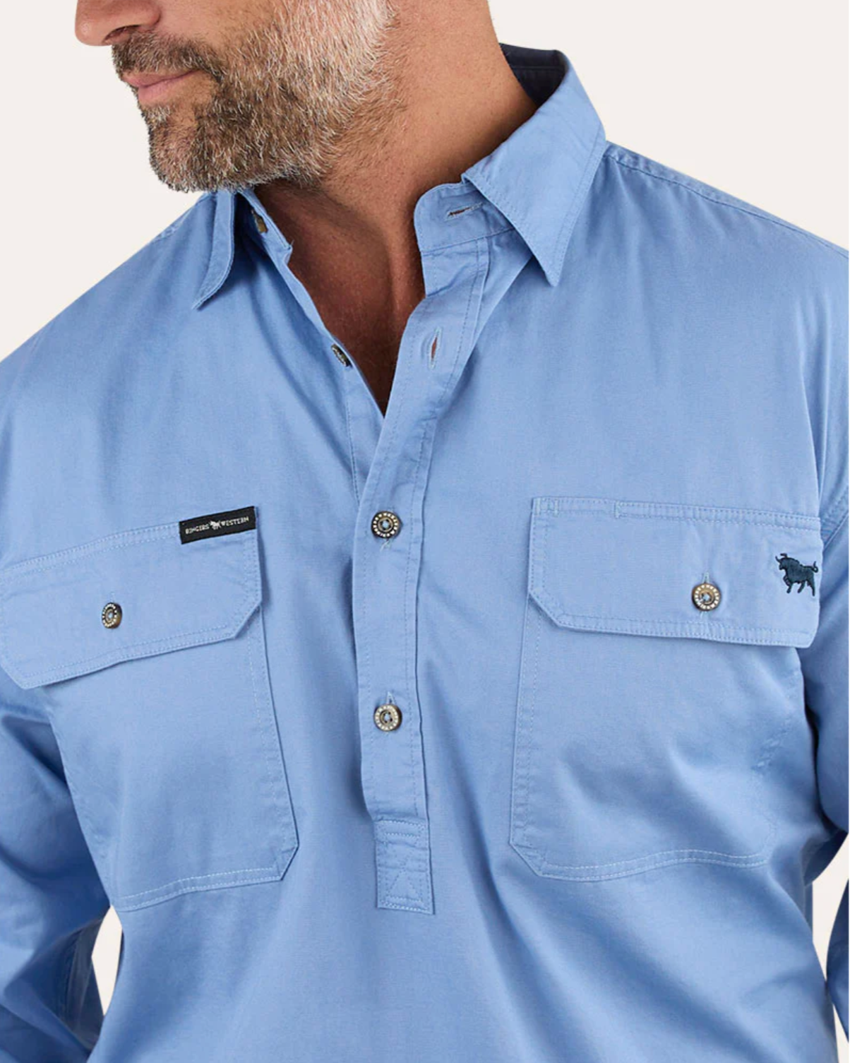 Ringers Western: "King River" Mens 100% Cotton Half Button Work Shirt in Denim Blue - Texas Western New Zealand