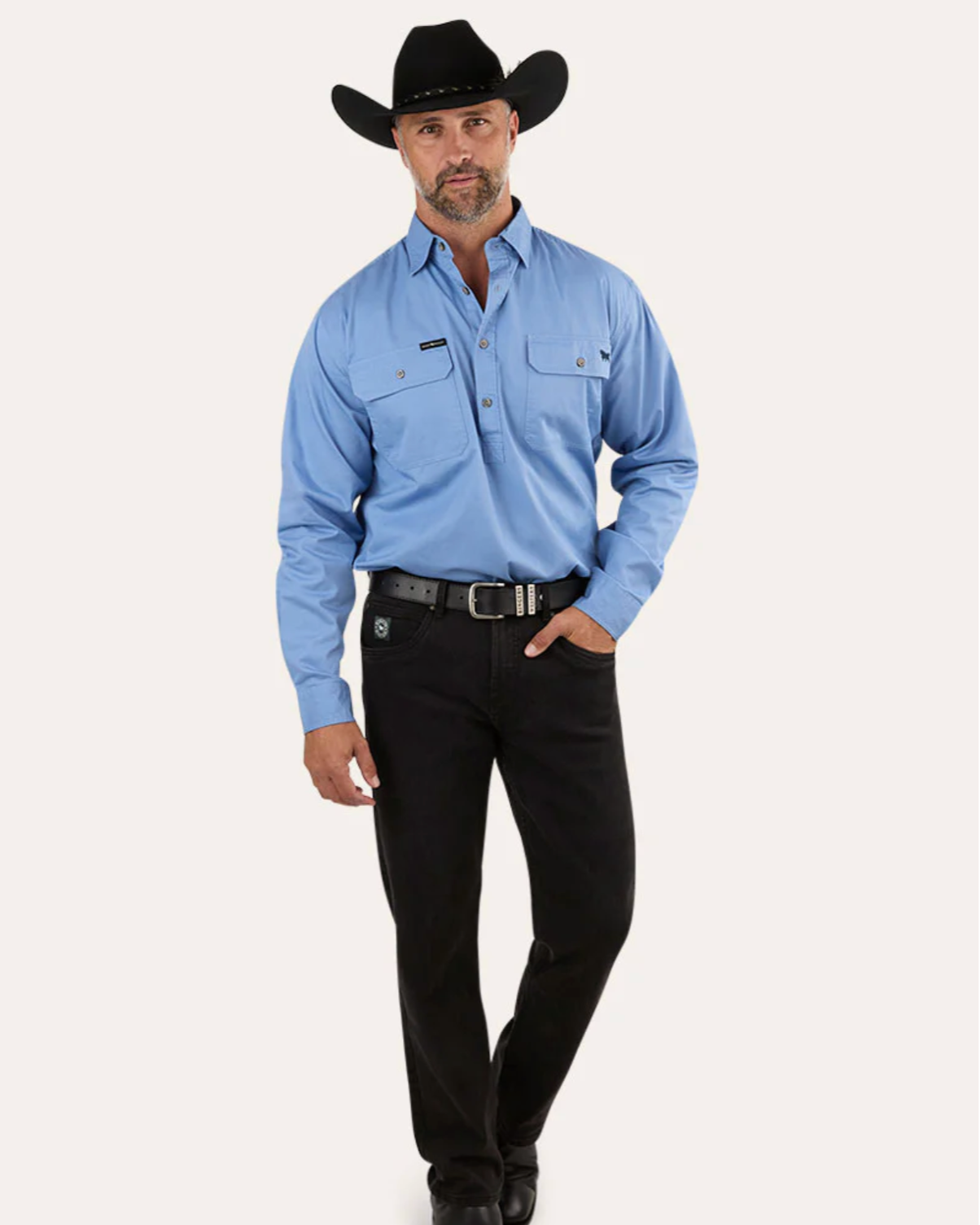Ringers Western: "King River" Mens 100% Cotton Half Button Work Shirt in Denim Blue - Texas Western New Zealand