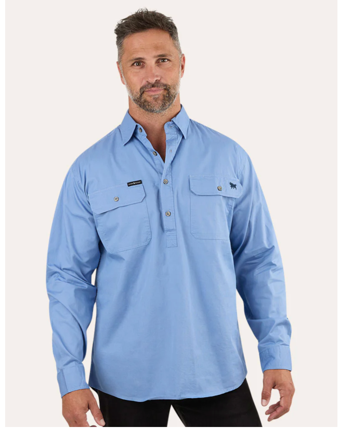 Ringers Western: "King River" Mens 100% Cotton Half Button Work Shirt in Denim Blue - Texas Western New Zealand