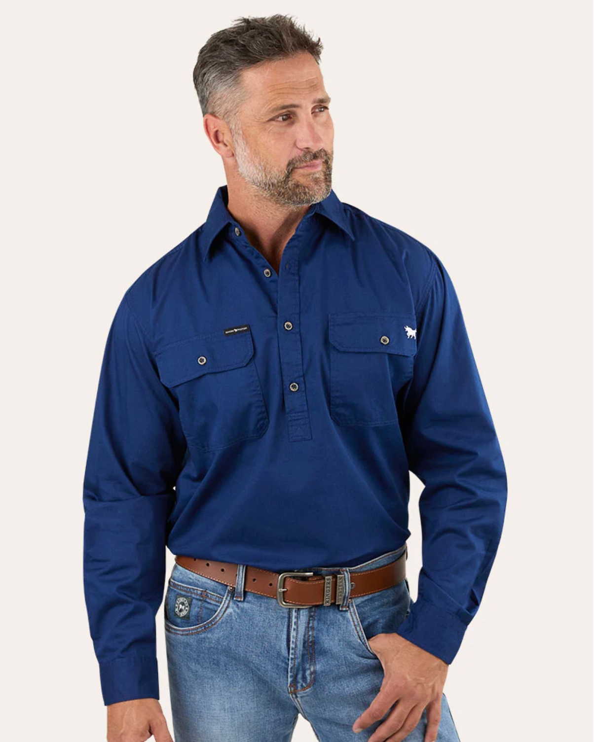 Ringers Western: "King River" Mens 100% Cotton Half Button Work Shirt in Navy - Texas Western New Zealand