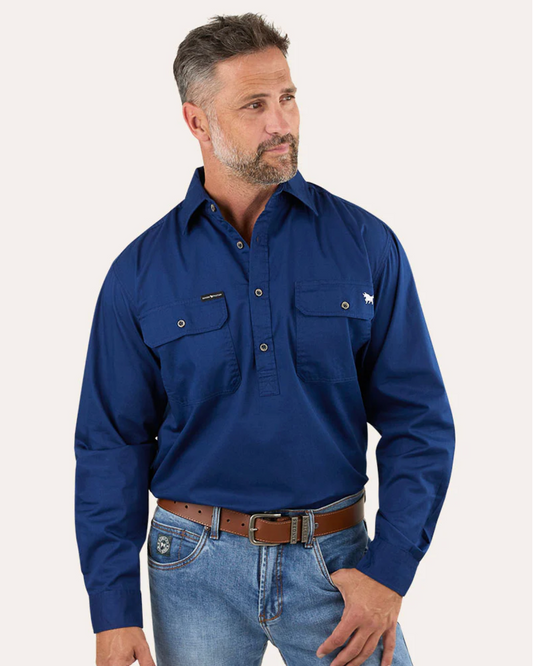 Ringers Western: "King River" Mens 100% Cotton Half Button Work Shirt in Navy - Texas Western New Zealand