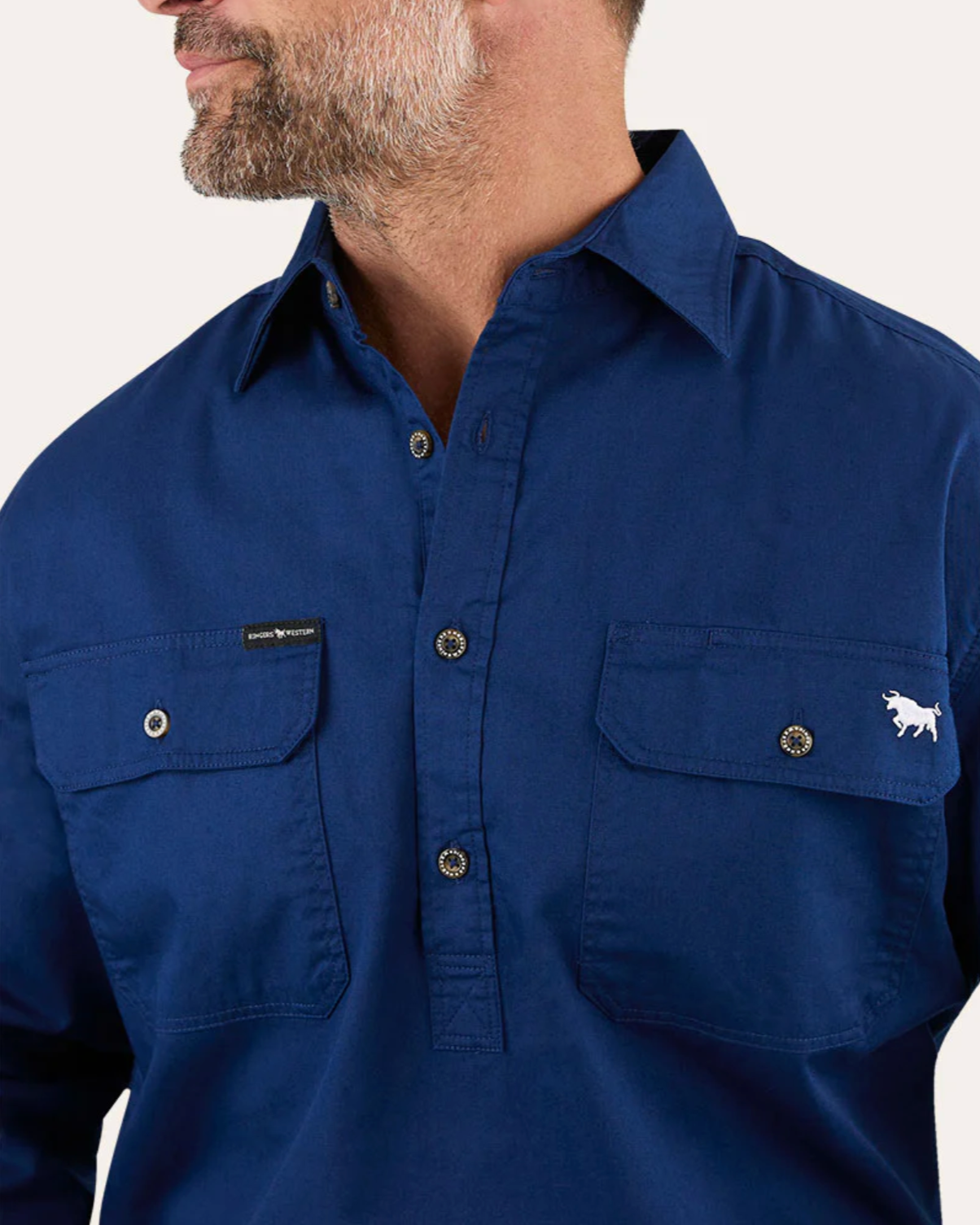 Ringers Western: "King River" Mens 100% Cotton Half Button Work Shirt in Navy - Texas Western New Zealand
