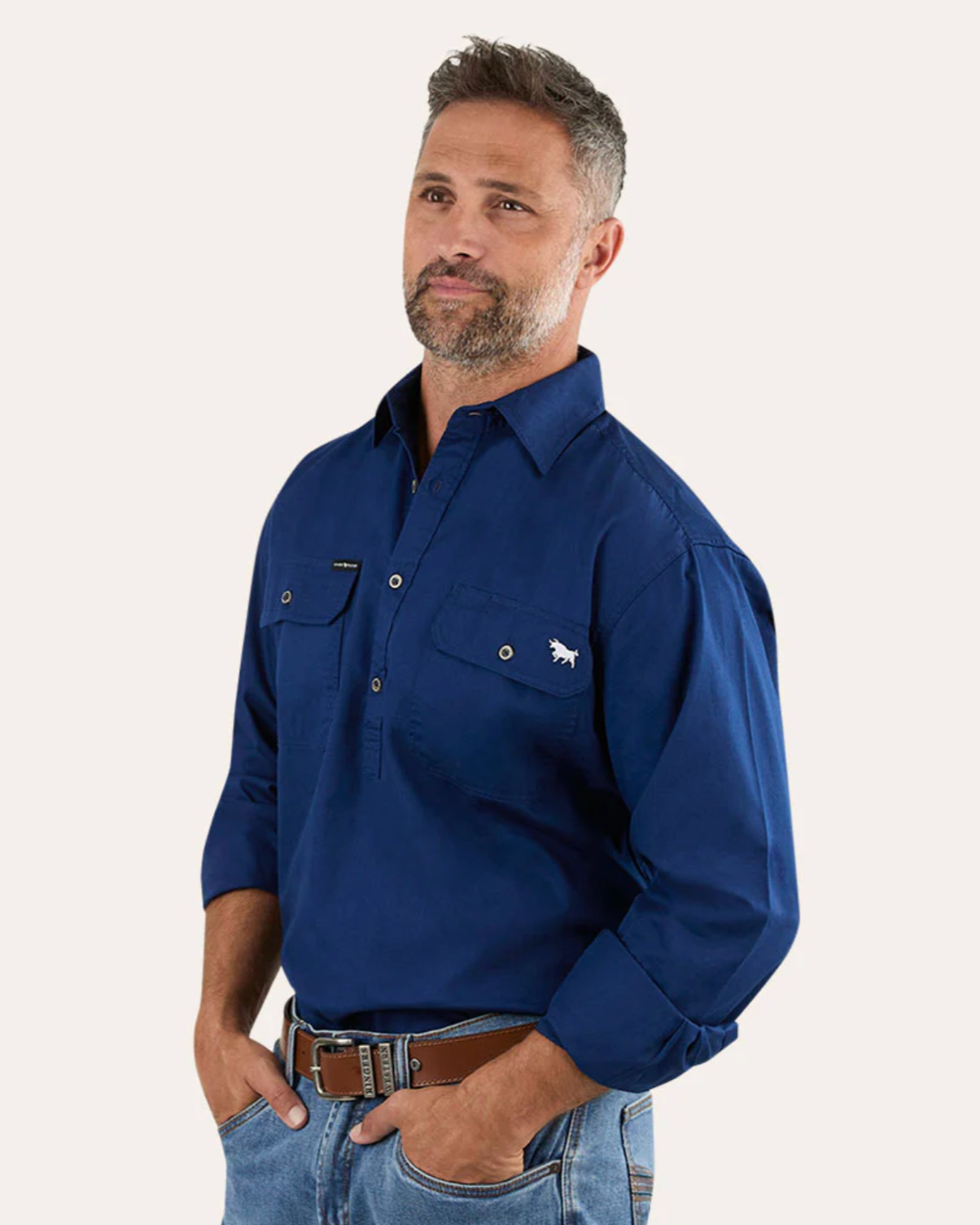 Ringers Western: "King River" Mens 100% Cotton Half Button Work Shirt in Navy - Texas Western New Zealand