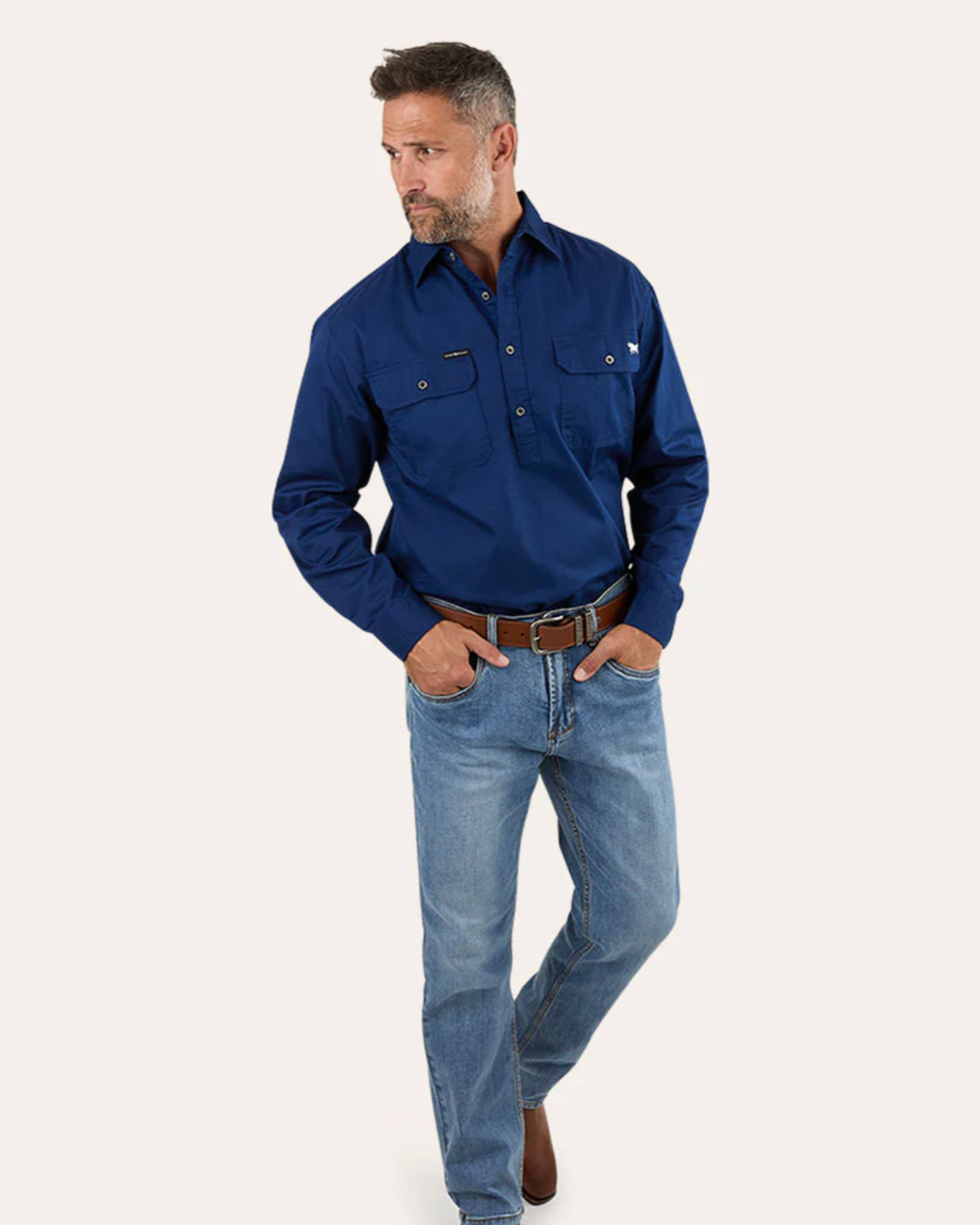 Ringers Western: "King River" Mens 100% Cotton Half Button Work Shirt in Navy - Texas Western New Zealand