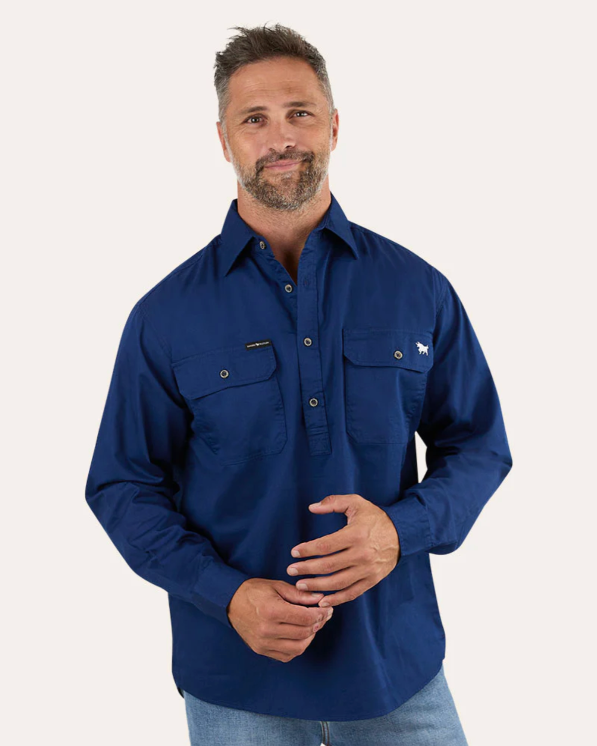 Ringers Western: "King River" Mens 100% Cotton Half Button Work Shirt in Navy - Texas Western New Zealand