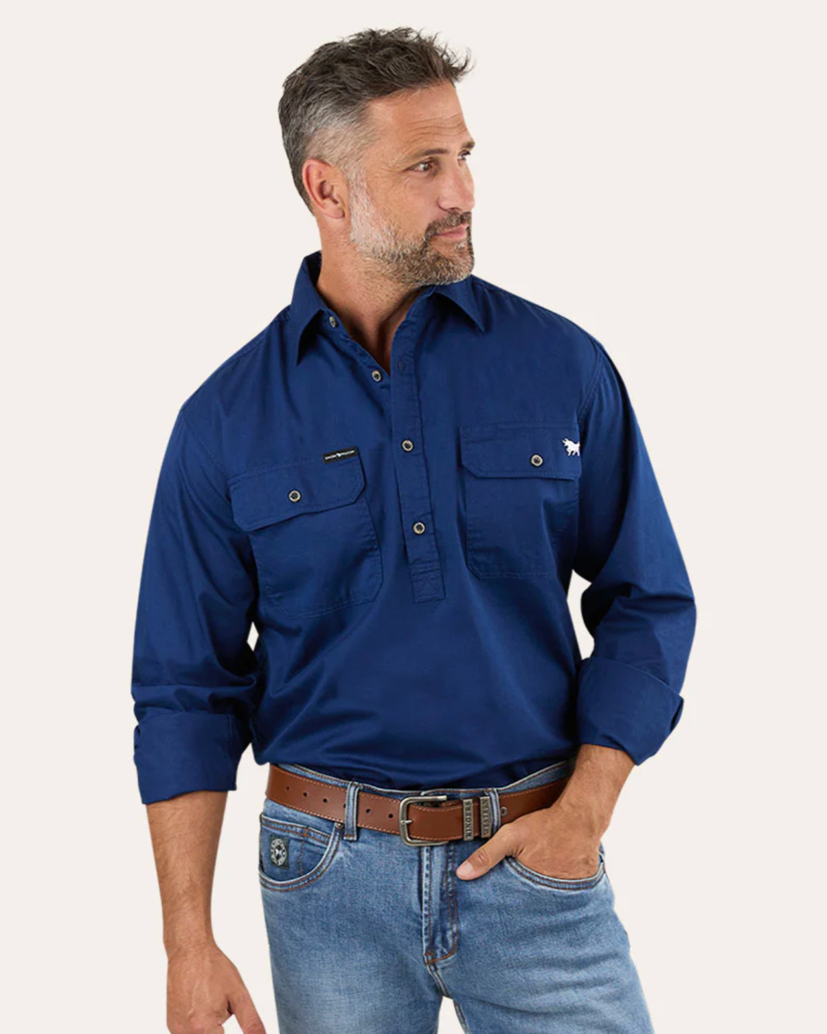Ringers Western: "King River" Mens 100% Cotton Half Button Work Shirt in Navy - Texas Western New Zealand