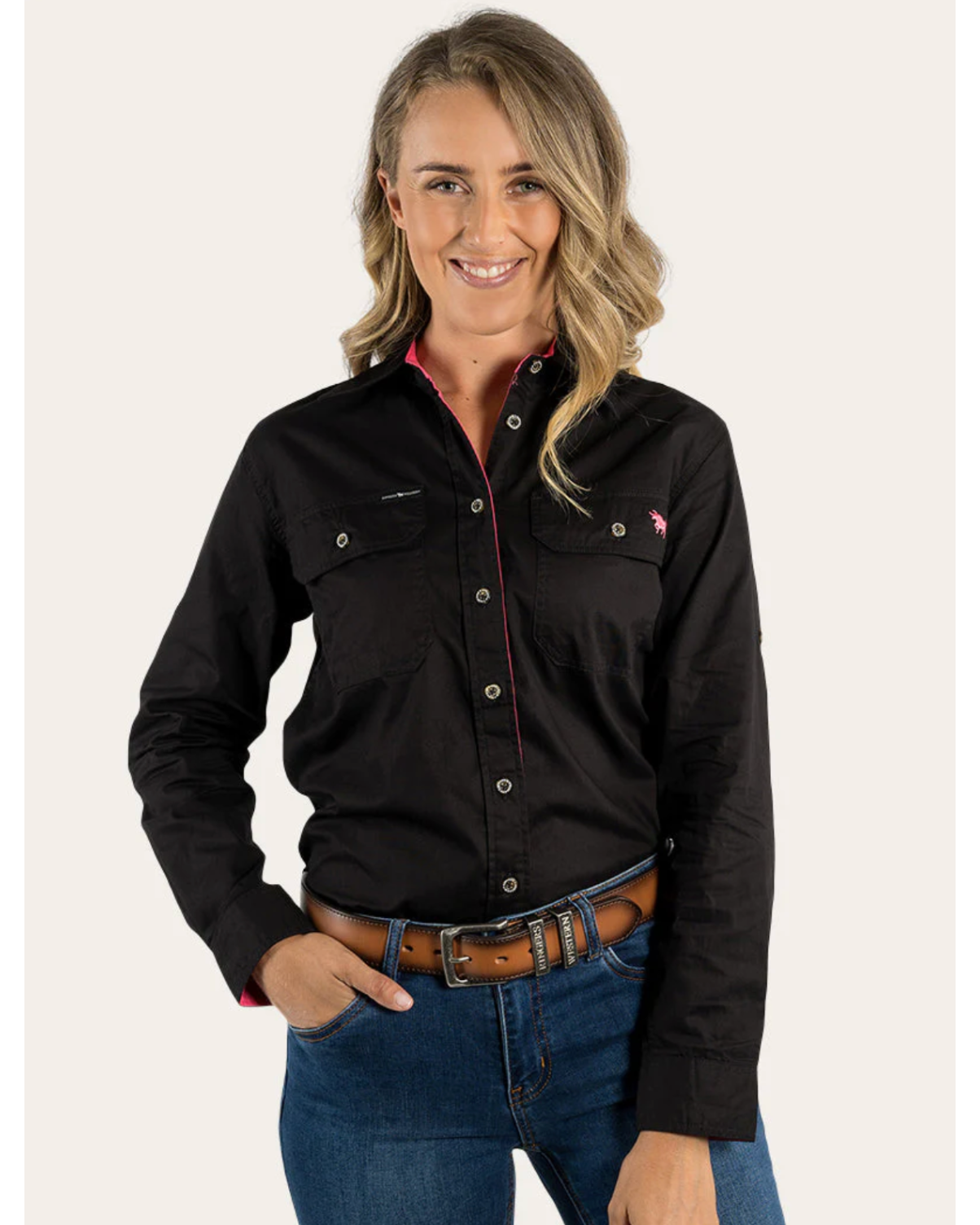 Ringers Western: Women's 100% Cotton "Pentecost River" Full-Button Work Shirt in Black - Texas Western New Zealand